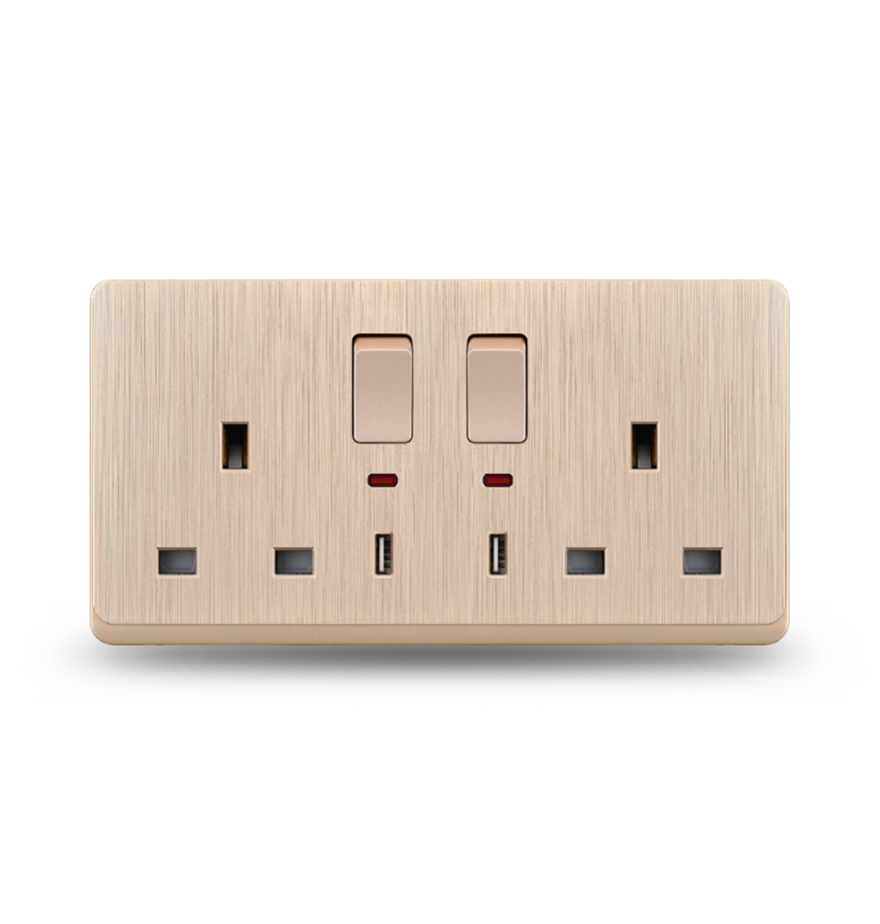 G12 - 014 Two Switch With Two Three UK Square Socket With UAB (Cafe with lines)